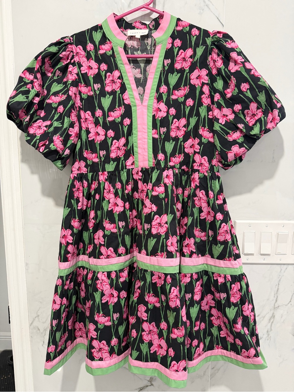 entro Black Floral Tiered Dress with Pink & Green Trim